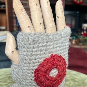 Handmade Crochet Fingerless Gloves with Red Phish Donut Accent